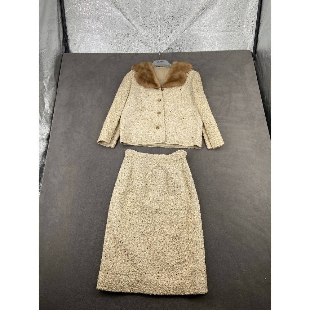 2 Piece Skirt Suit Set Womens 12 Beige Texture Mink Fur Collar Side Zip Formal